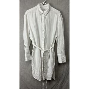 COS Shirt Women 12 White Button Up Long Sleeve Linen Lagenlook Belt Button
